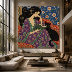 Vittorio Zecchin Style Woman Reading Canvas Wall Art, Floral Patterned Robe, Black Cat Illustration, Elegant Vintage Home Decor