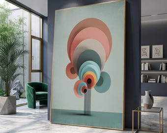 Modern Abstract Tree Canvas, Geometric Circles Art, Mid Century Wall Decor, Contemporary Home Decoration, Minimalist Canvas Print