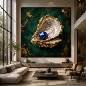 May include: A large square wall art piece featuring a textured dark green background with gold leaf accents. Centered is a three-dimensional oyster shell with a shimmering iridescent interior, cradling a single faceted deep blue sphere.