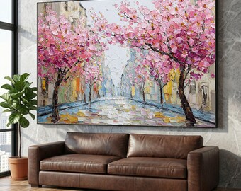 Cherry Blossom Street Scene Canvas, Pink Floral Trees Wall Art, Spring Urban Landscape Canvas, City View Decorative Canvas, Ready to Hang
