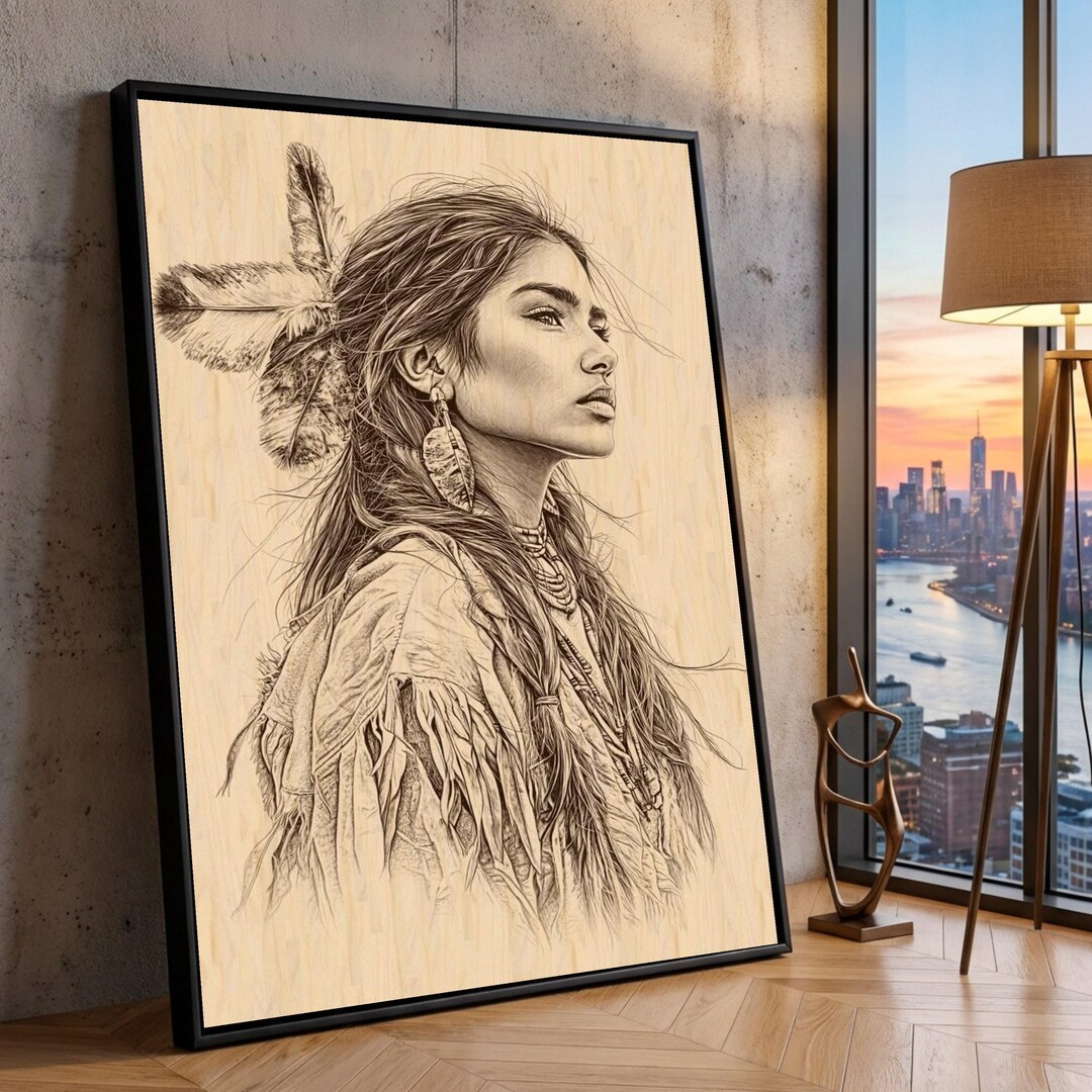 Native American Woman Sketch, Feathered Headdress Canvas, Indigenous ...