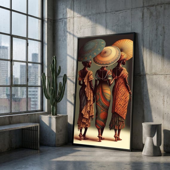 Elegant African Women with Umbrellas Canvas, Ethnic Fashion Art, Traditional Attire Wall Decor, Cultural Beauty Canvas, Vibrant Home