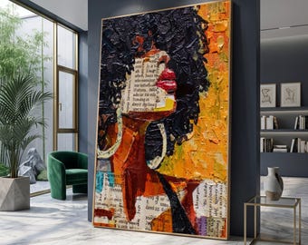 Abstract African Woman Portrait Canvas, Mixed Media Wall Art, Modern Ethnic Home Decor, Colorful Collage Canvas, Contemporary Face Artwork