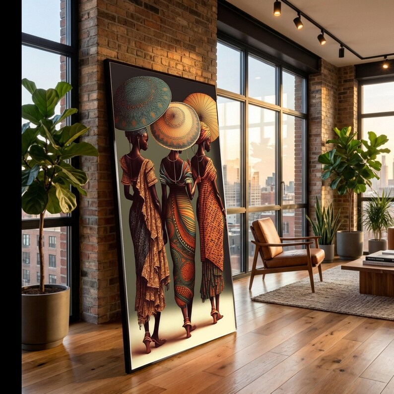 Elegant African Women with Umbrellas Canvas, Ethnic Fashion Art, Traditional Attire Wall Decor, Cultural Beauty Canvas, Vibrant Home image 2