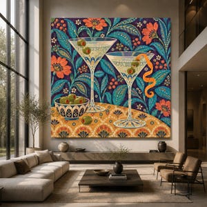 Vittorio Zecchin Style Floral Martini Canvas Wall Art, Retro Cocktail Decor, Vintage Botanical Pattern, Elegant Bar Scene Decoration