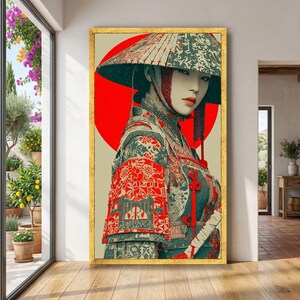 Elegant Samurai Woman Canvas, Japanese Armor Wall Art, Oriental Warrior Portrait, Traditional Armor Canvas, Red Circle Background Decoration image 8