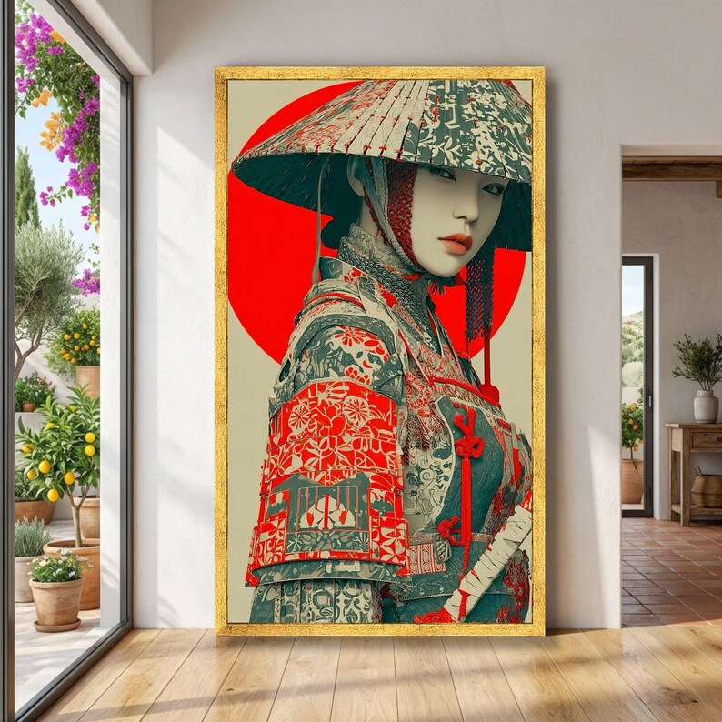 Elegant Samurai Woman Canvas, Japanese Armor Wall Art, Oriental Warrior Portrait, Traditional Armor Canvas, Red Circle Background Decoration image 8