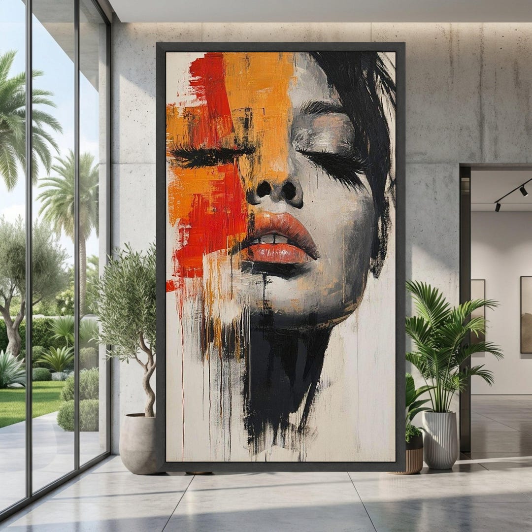 Abstract Woman Portrait Canvas, Modern Face Art, Bold Red Orange Brush ...