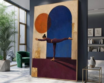 Yoga Warrior Pose Canvas Wall Art, Modern Abstract Geometric Background, Mindfulness Home Decoration, Fitness and Balance Canvas