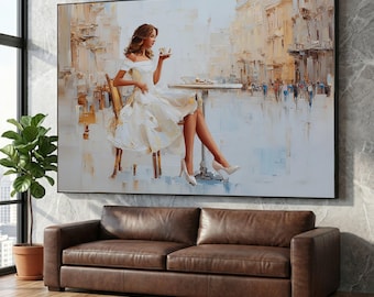 Elegant Woman White Dress Canvas, Urban Cafe Scene, Fashion Wall Art, Chic Lifestyle Decor, Modern City Vibe Canvas