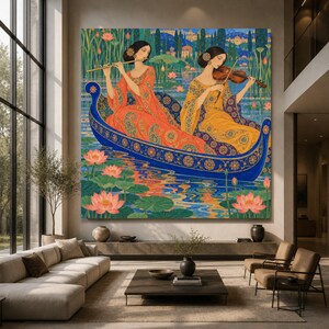 Vittorio Zecchin Style Romantic Music Scene Canvas, Two Women Playing Flute and Violin Gondola, Floral and Water Lily Wall Art, Decorative