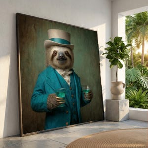 May include: A framed art print depicting a sloth in a teal suit and top hat, holding two green cocktails. The sloth has a refined expression. The background is a muted green, and the frame is dark.