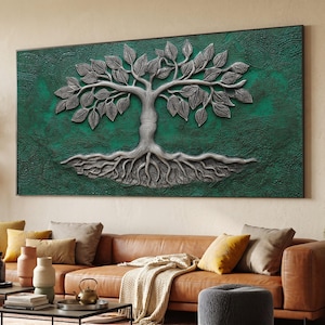 Peut inclure: Une grande œuvre d'art murale rectangulaire avec un motif d'arbre métallique en 3D. L'arbre a un tronc, des branches et des feuilles détaillés, sur un fond vert émeraude texturé. Les racines s'étendent en bas, créant un effet visuel saisissant.