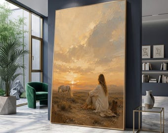 Sunset Serenity Canvas Wall Art, Woman Sitting with White Horse, Rustic Landscape Canvas, Tranquil Nature Scene, Home Decor Canvas
