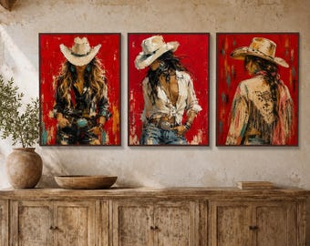 Western Cowgirl Portraits 3 Piece Canvas Set, Vibrant Red Background, Southwestern Fashion Wall Art, Rustic Home Decoration