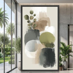 Modern botanisk abstrakt canvas, väggkonst i neutrala toner, dekor med gröna löv, canvas med organiska former, modern heminredning