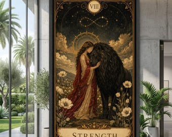 Strength Tarot Card Canvas, Woman and Lion Illustration, Mystic Wall Art, Spiritual Decor, Zodiac Canvas, Astrology Theme Decoration