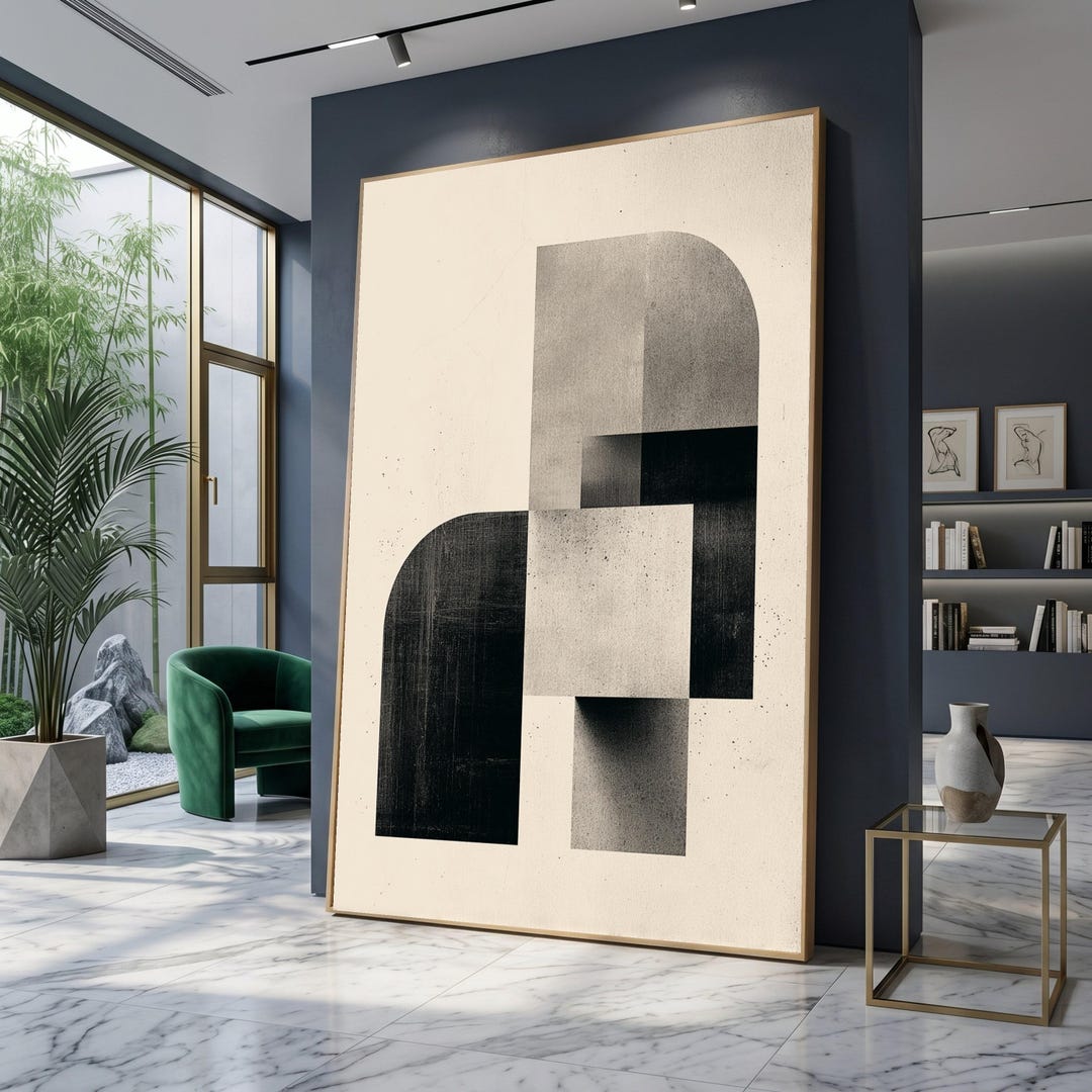 Modern Geometric Shapes Canvas, Abstract Black and Gray Wall Art ...