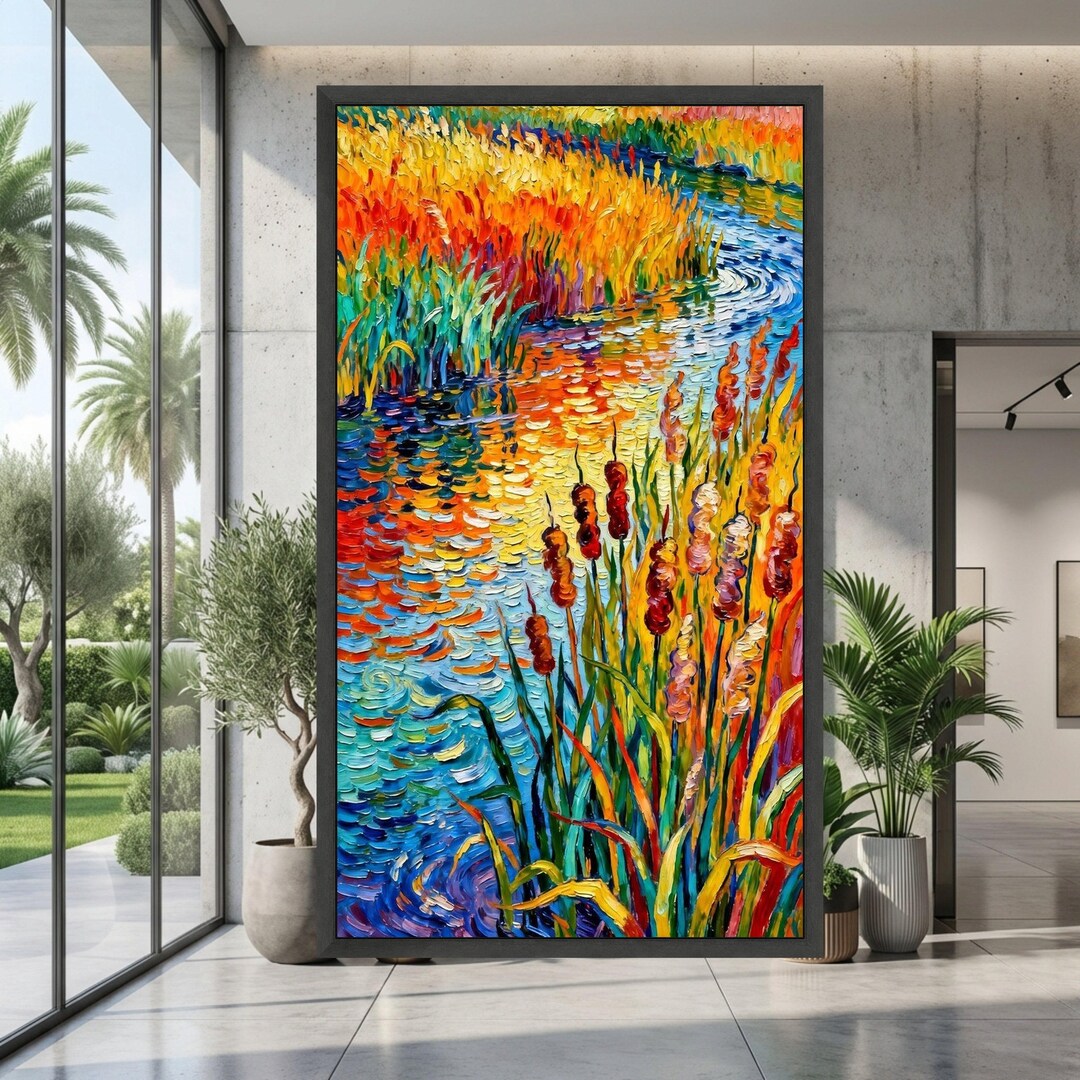 Vibrant Reeds by Water Canvas, Impressionist River Landscape Wall Art ...