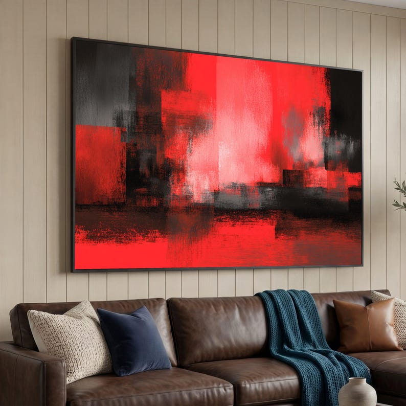 Bold Red and Black Abstract Canvas, Modern Geometric Wall Art ...
