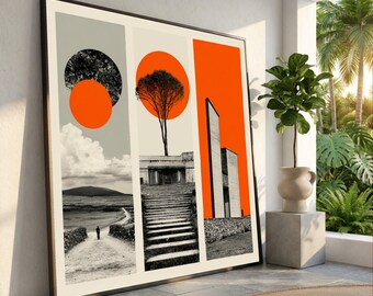 Modern Abstract Landscape Triptych, Monochrome Architecture Canvas, Red Sun Art, Minimalist Wall Decor, Contemporary Home Decoration