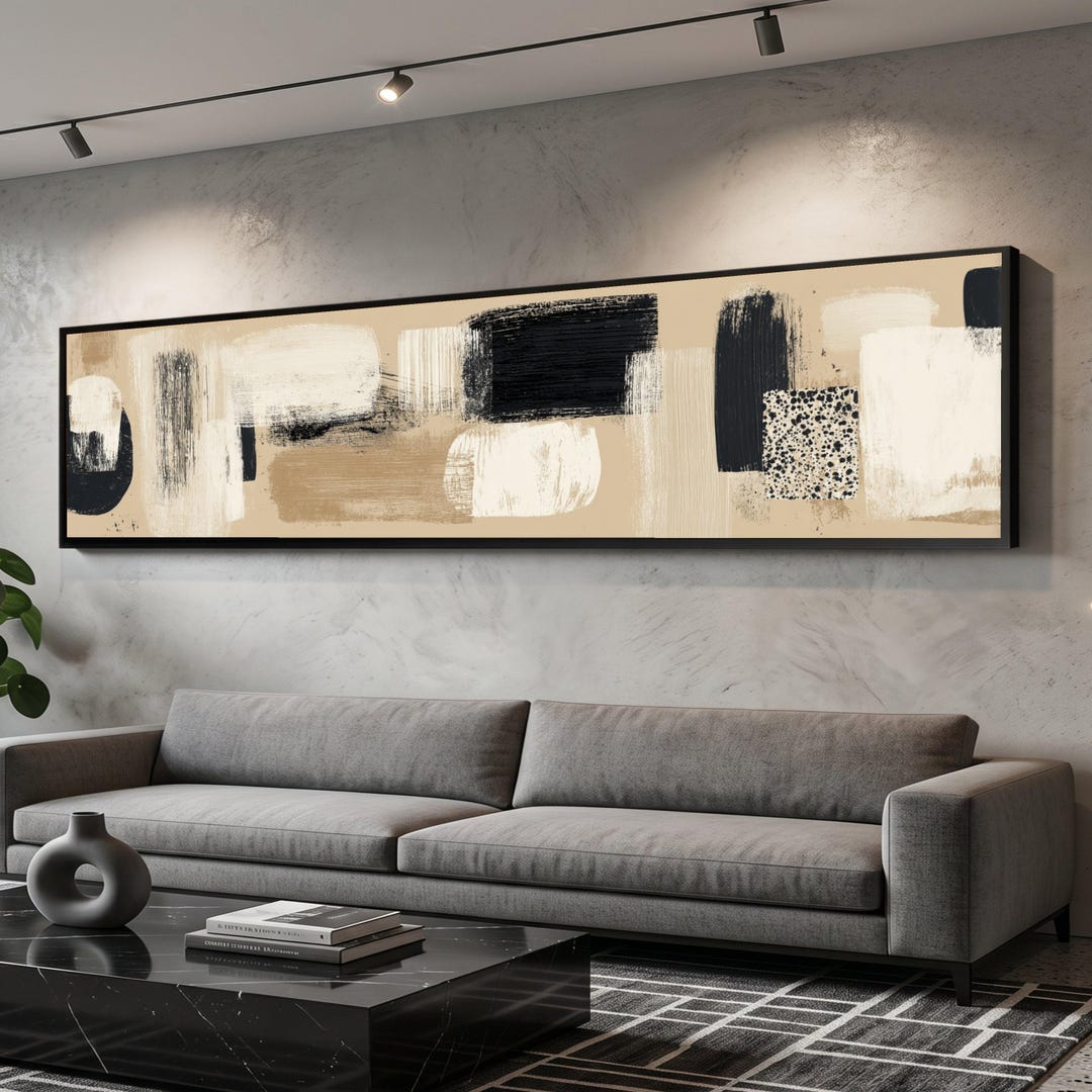 Neutral Abstract Canvas Wall Art, Modern Geometric Shapes, Black and ...
