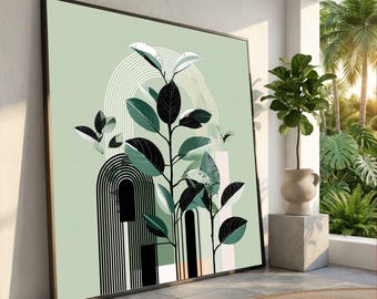 Modern Botanical Canvas, Green Foliage Wall Art, Abstract Plant Design, Minimalist Home Decoration, Natural Leaves Canvas
