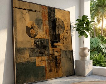 Geometric Abstract Canvas Wall Art, Earth Tone Modern Shapes, Industrial Style Home Decoration, Contemporary Living Room Canvas