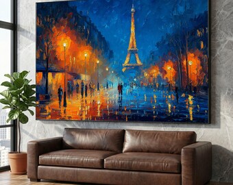 Illuminated Eiffel Tower Canvas, Vibrant Paris Night Scene, Cityscape Wall Art, Romantic Street View, Urban Lights Canvas Decoration