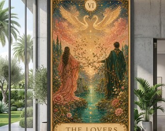 The Lovers Tarot Card Canvas, Romantic Couple Art, Fantasy Wall Decor, Mythical Swan Illustration, Elegant Spiritual Canvas, Mystical Home