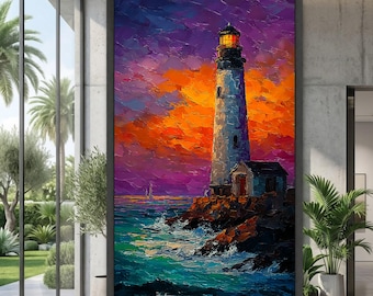 Coastal Lighthouse Canvas, Sunset Sky Wall Art, Ocean Waves Canvas, Seaside Decor, Nautical Home Decoration, Vibrant Landscape Canvas