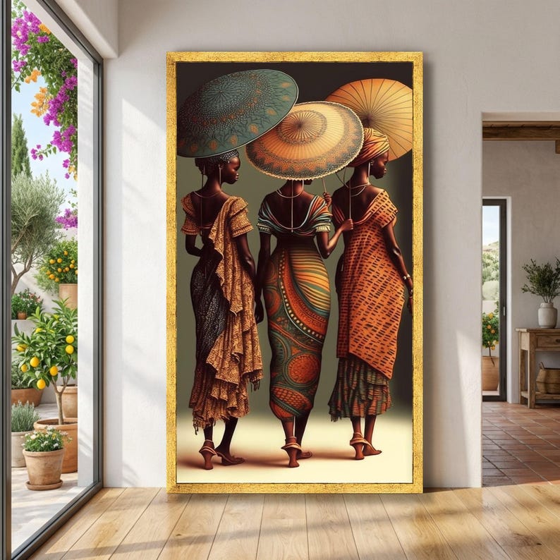 Elegant African Women with Umbrellas Canvas, Ethnic Fashion Art, Traditional Attire Wall Decor, Cultural Beauty Canvas, Vibrant Home image 5