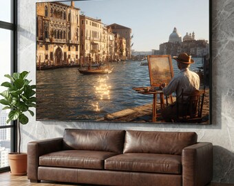 Venice Canal Scene with Gondola Waterway Canvas, European Cityscape Wall Art, Historic Architecture Decor, Artistic Travel Canvas