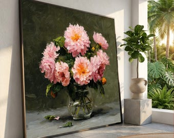 Pink Peonies Bouquet Canvas, Floral Arrangement Wall Art, Glass Vase Flowers Canvas, Still Life Home Decoration, Elegant Flower Canvas