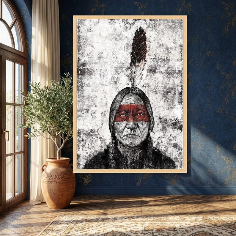 Native American Warrior Portrait Canvas, Tribal Feather Wall Art ...