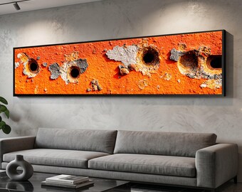 Long Narrow, Rusted Metal Surface Canvas Wall Art, Vintage Industrial Orange and Gray Abstract Canvas, Urban Wall Decor, Ready to Hang Artwo