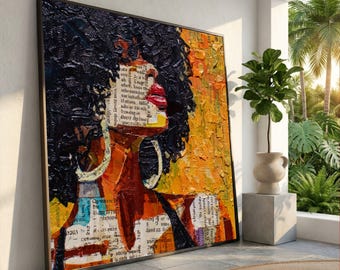 Afro Woman Portrait Canvas, Mixed Media Wall Art, Newspaper Collage Style, Modern Female Silhouette Canvas, Home Decor Accent