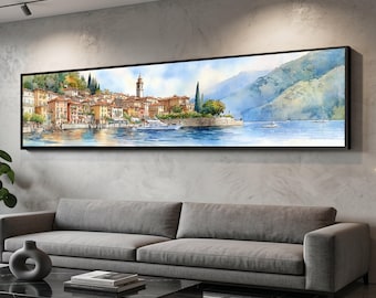 Long Narrow, Charming Mediterranean Harbor Scene Canvas, Coastal Village Wall Art, Seaside Landscape Canvas, Lake View Home Decoration, Naut