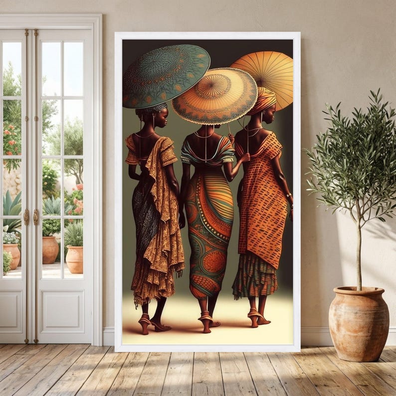 Elegant African Women with Umbrellas Canvas, Ethnic Fashion Art, Traditional Attire Wall Decor, Cultural Beauty Canvas, Vibrant Home image 8