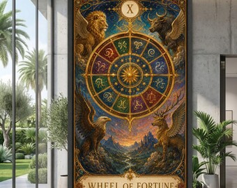 Wheel of Fortune Canvas Art, Zodiac Symbols Wall Decor, Celestial Astrology Canvas, Winged Animals Artwork, Mystical Home Decoration