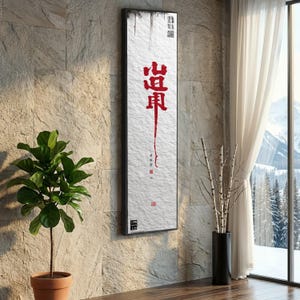 May include: A vertical rectangular wall art piece featuring a textured white background with a large, bold red calligraphic character in the center. The artwork includes smaller black text and a red seal stamp, all enclosed within a thin black frame.