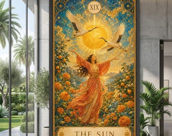 The Sun Tarot Card Canvas Wall Art, Radiant Sunflower and Crane Design, Mystical Nature Scene, Bohemian Home Decor, Spiritual Canvas Print
