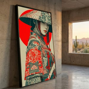 Elegant Samurai Woman Canvas, Japanese Armor Wall Art, Oriental Warrior Portrait, Traditional Armor Canvas, Red Circle Background Decoration image 4