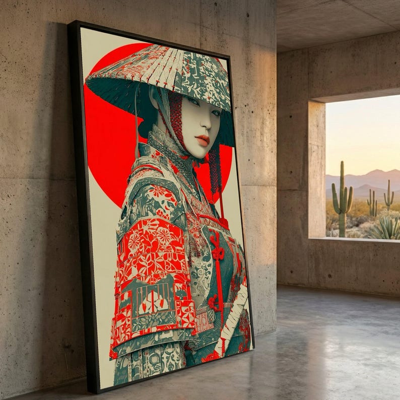 Elegant Samurai Woman Canvas, Japanese Armor Wall Art, Oriental Warrior Portrait, Traditional Armor Canvas, Red Circle Background Decoration image 4