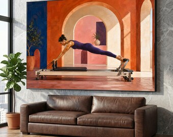 Woman Doing Pilates on Reformer Machine, Fitness Exercise Canvas, Modern Home Workout Art, Indoor Gym Wall Decor, Active Lifestyle Canvas