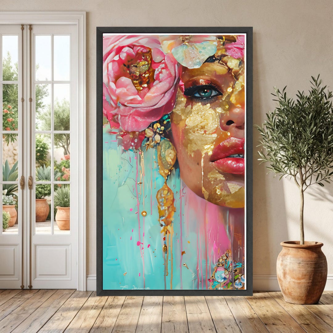 Modern Abstract Woman Portrait Canvas, Pink Floral Headpiece Wall Art ...