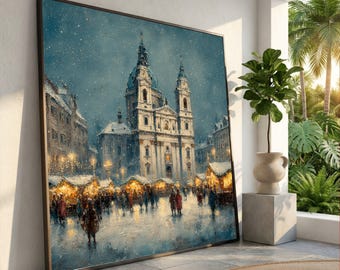 Winter Evening Market Scene Canvas, Historic Cathedral Wall Art, Snowy Cityscape Canvas, European Architecture Decor, Cozy Holiday