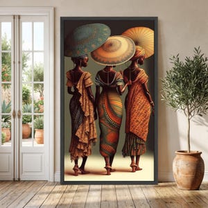 Elegant African Women with Umbrellas Canvas, Ethnic Fashion Art, Traditional Attire Wall Decor, Cultural Beauty Canvas, Vibrant Home image 6