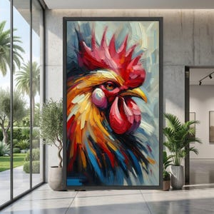 Puede incluir: Pintura enmarcada y vibrante de la cabeza de un gallo. La obra presenta pinceladas audaces en tonos rojos, amarillos, azules y blancos, creando un efecto texturizado y abstracto. La cresta y la barbilla del gallo son de un rojo brillante.