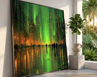 Futuristic Cityscape Canvas, Neon Green Urban Night Scene, Abstract Skyline Reflection, City Life Wall Art, Modern Home Decoration
